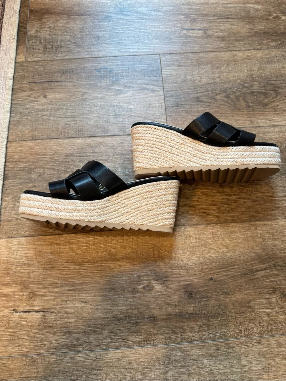 Black Espadrille Wedge Slide Sandals by